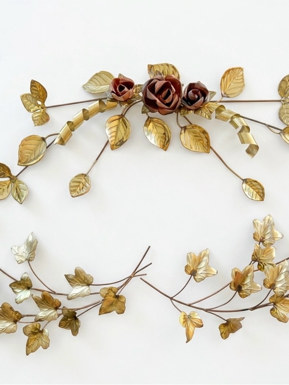 Vintage Metal Wall Art Floral Garland in Gold and Bronze Set of 3